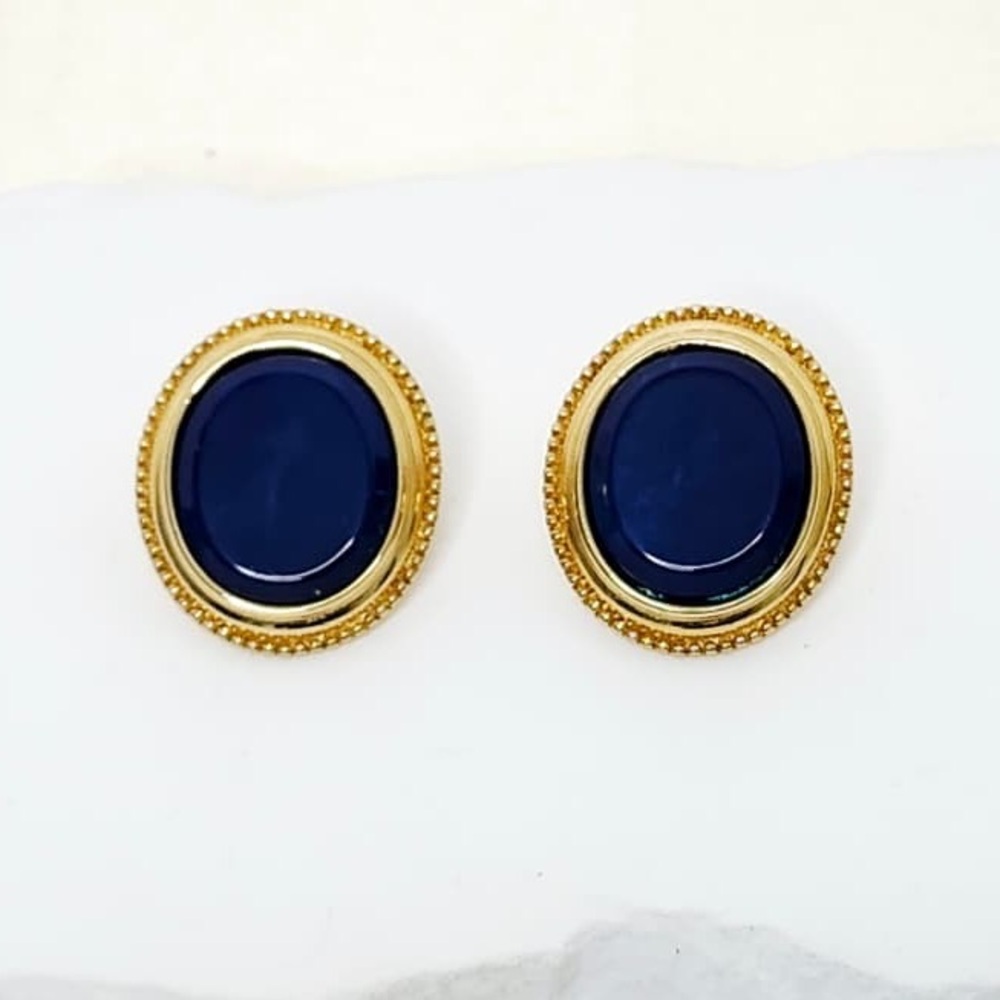 Vintage Monet Gold-Tone Oval Blue Stone Clip-On Earrings